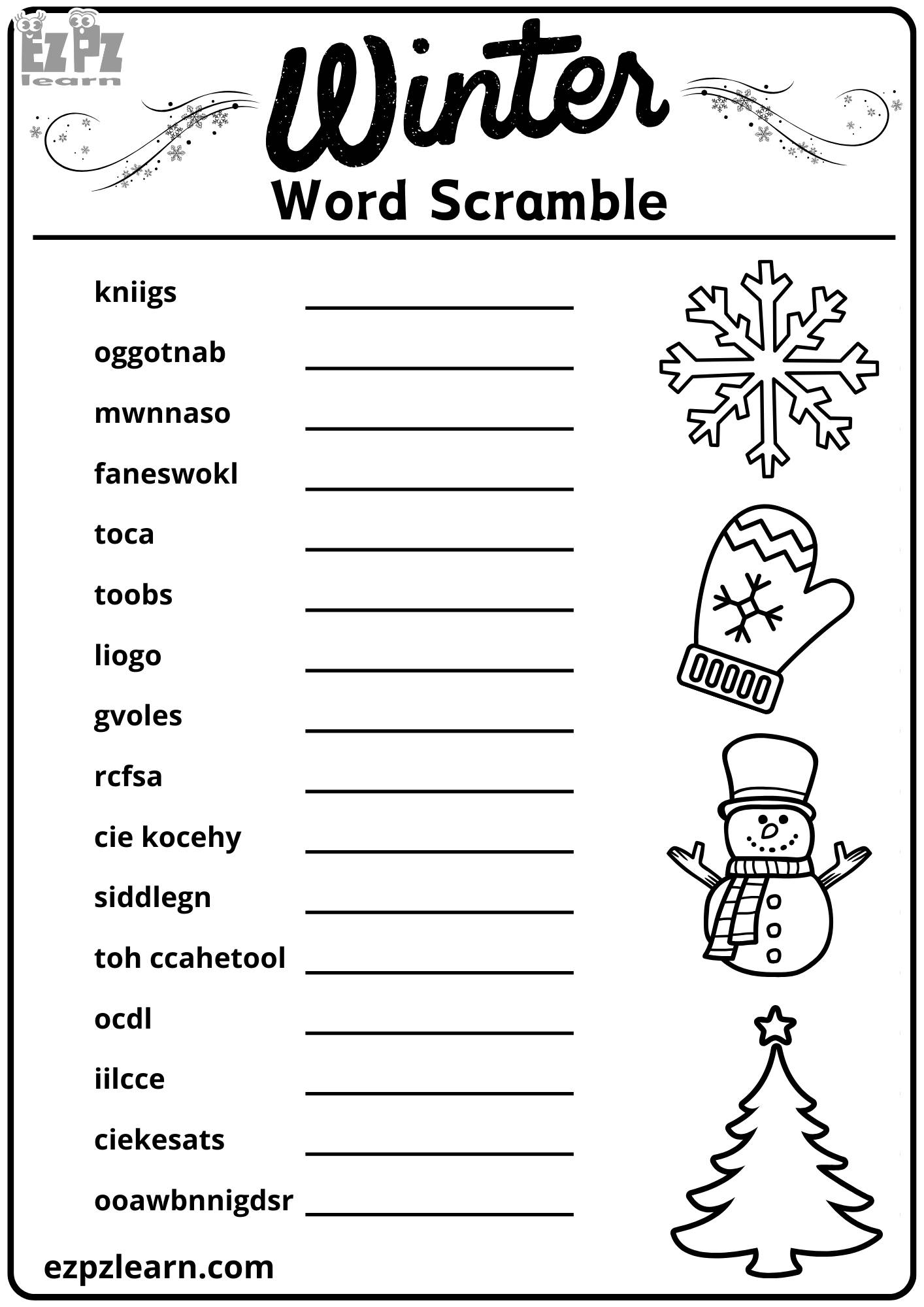 Winter Season Word Scramble 16 Words Vocabulary Activity for Kids